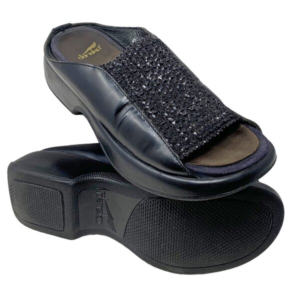 Retro Dansko Black Leather with Elastic Leather‎ Vamp Clog Slides - Picture 9 of 12